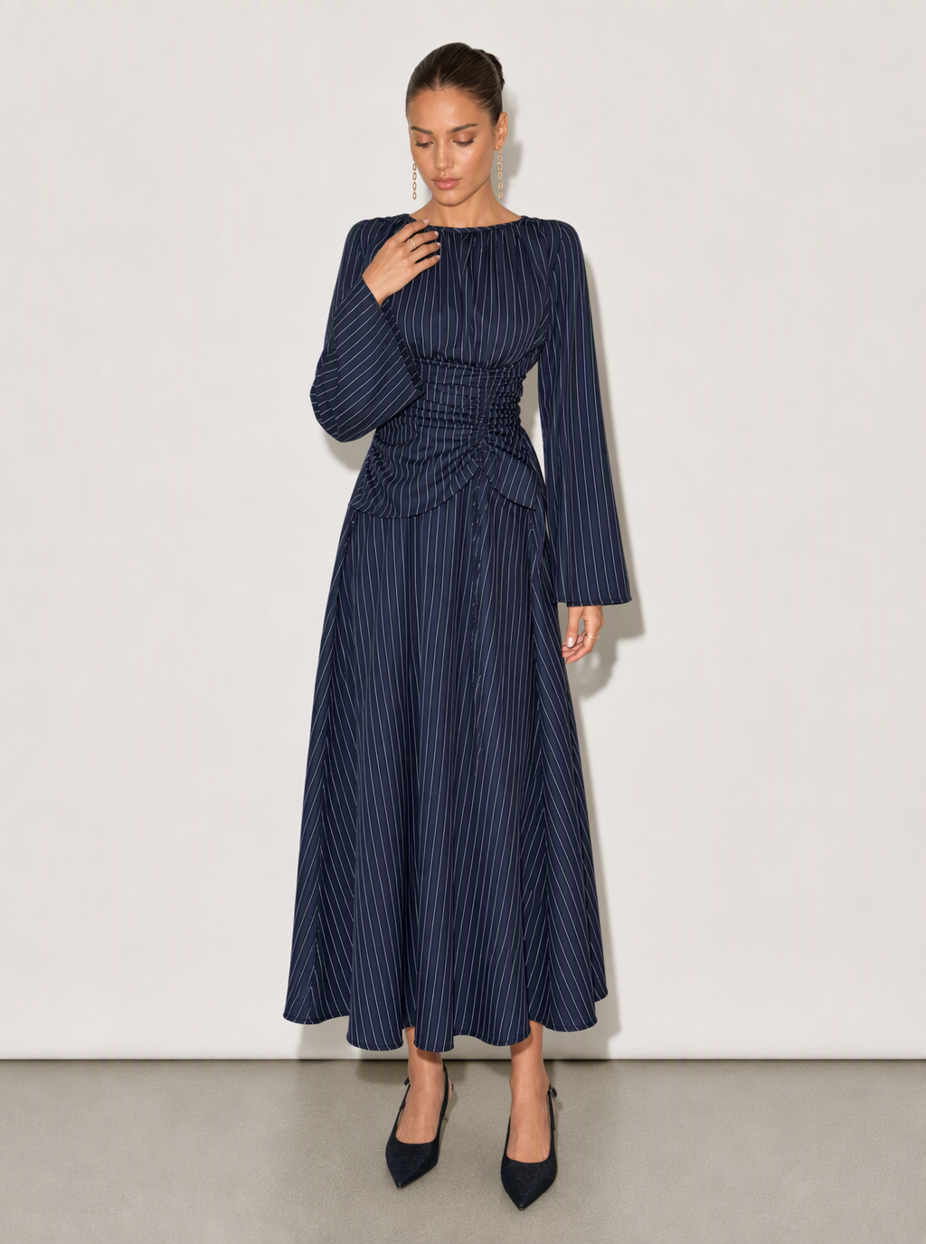 Zephrina Annora striped twist midi dress in navy