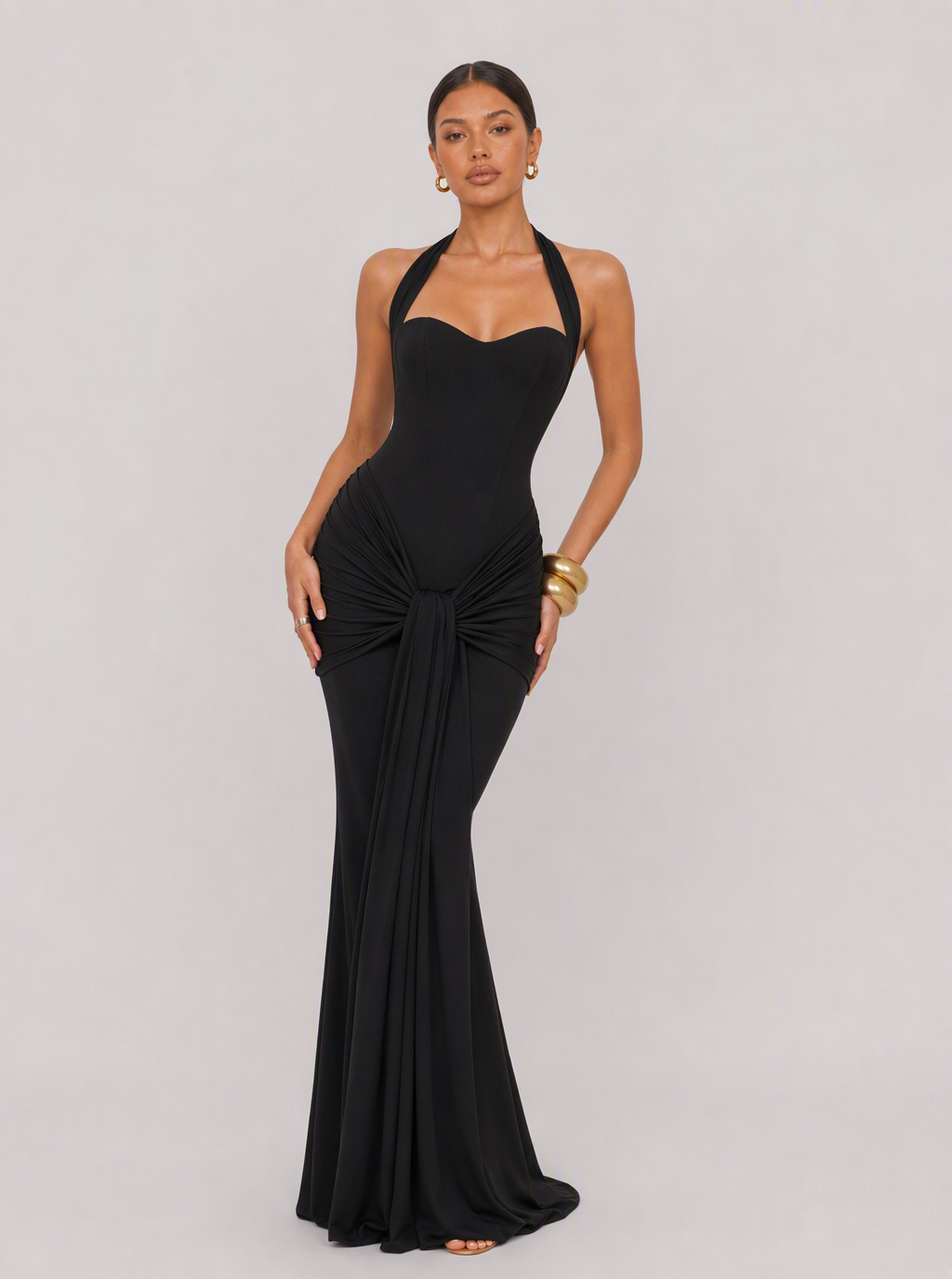 Zephrina Virelai halter ruched maxi dress