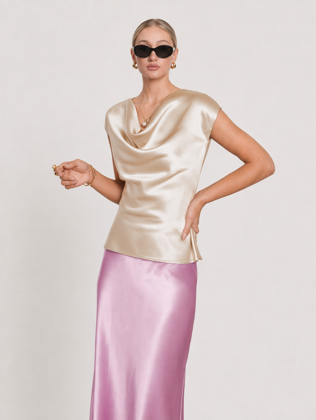 Elegant Acetate Satin Cowl Neck Top + Maxi Skirt Set
