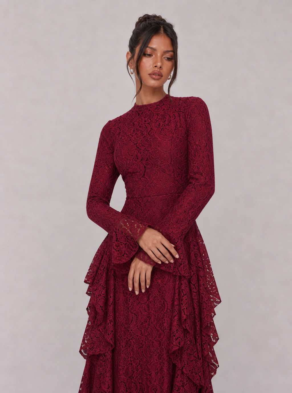 Zephrina Isolenne ruffle knit maxi dress in burgundy