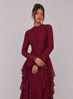 Zephrina Isolenne ruffle knit maxi dress in burgundy