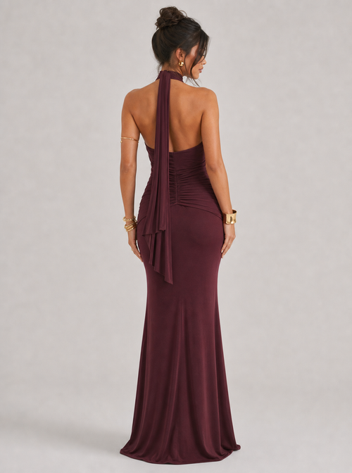 Zephrina Sabelle draped halter maxi dress in burgundy
