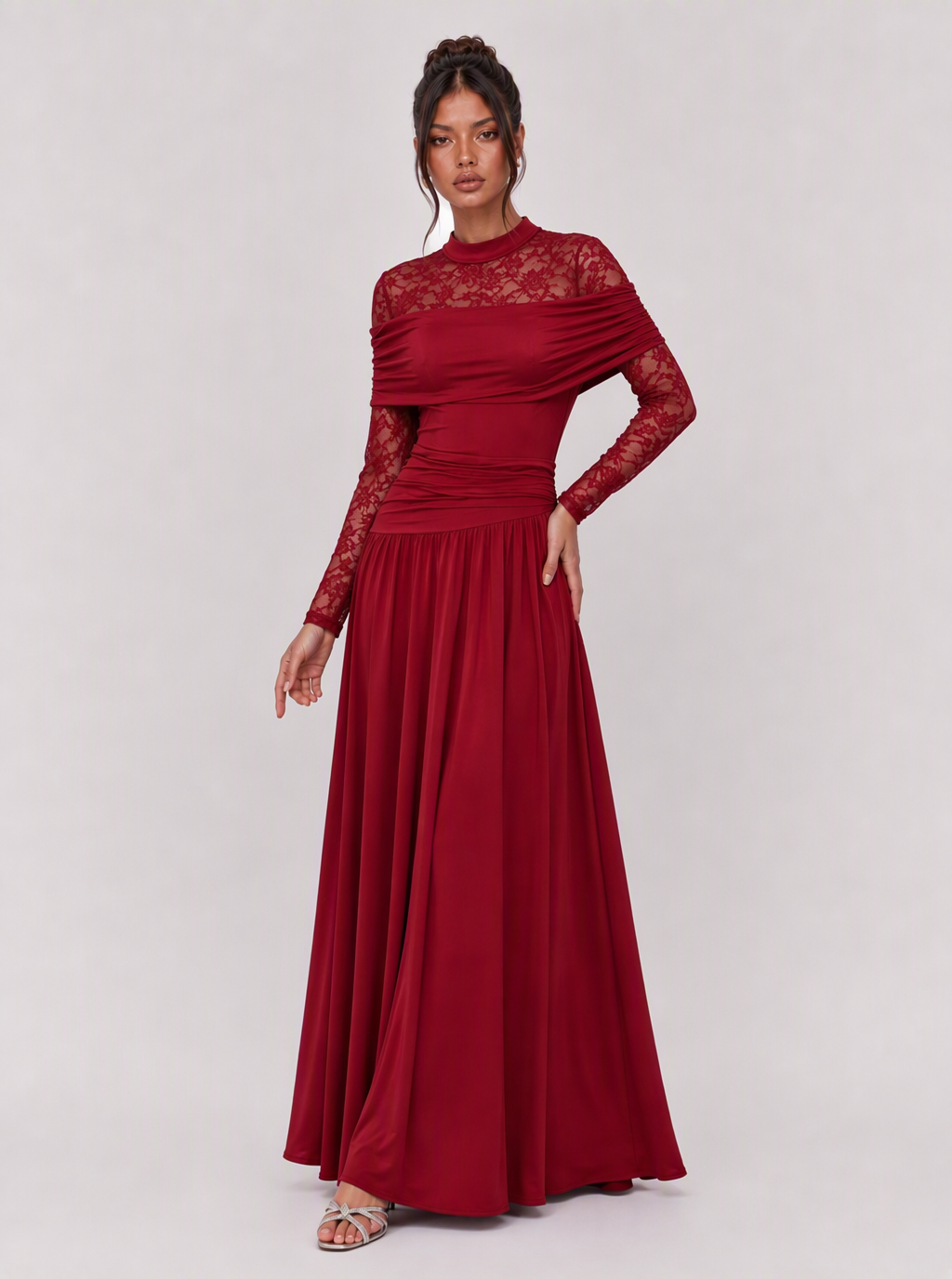 Zephrina Eulalia lace-sleeve draped maxi dress in red