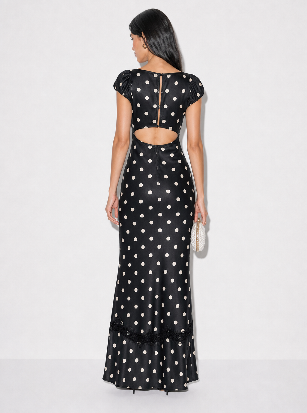Zephrina polka dot lace-trim maxi dress with cap sleeves