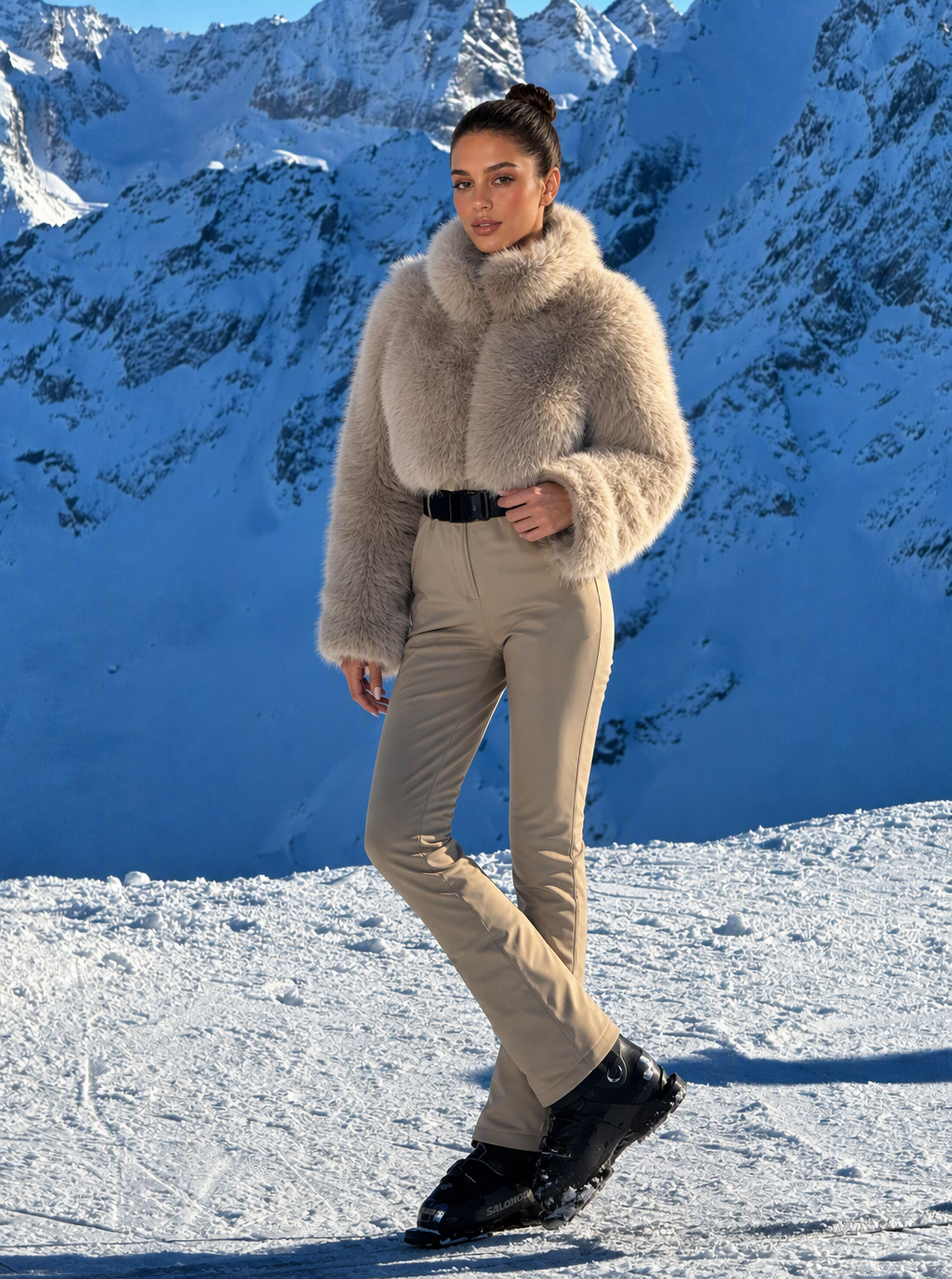 Zephrina Fenella plush-bodice flared one-piece ski suit in beige