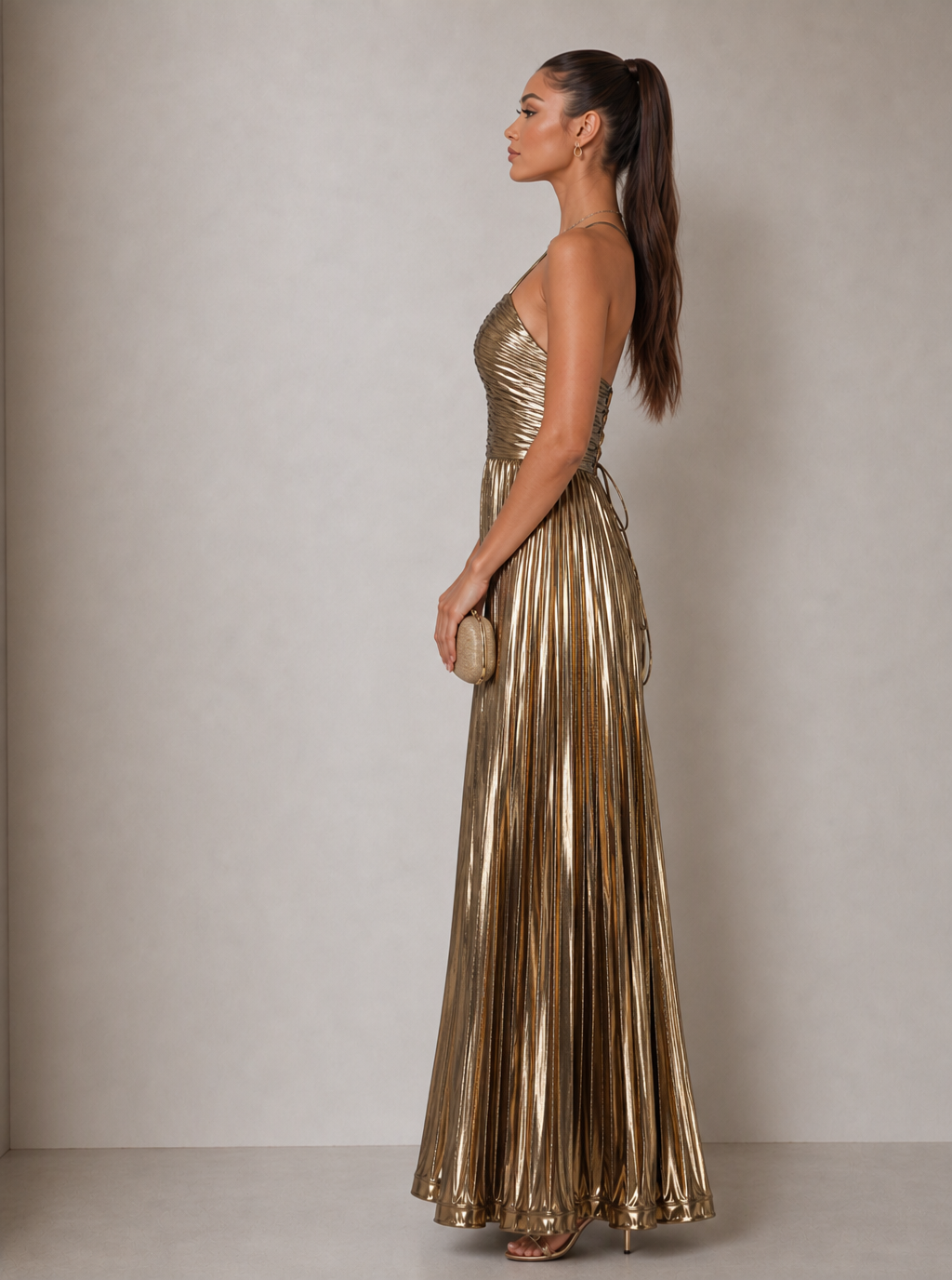 Zephrina Clarimond halter metallic pleated maxi dress in gold