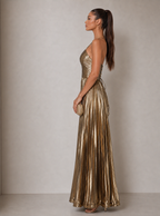 Zephrina Clarimond halter metallic pleated maxi dress in gold