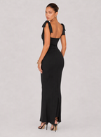 Zephrina Honoria bow-shoulder satin maxi dress in black