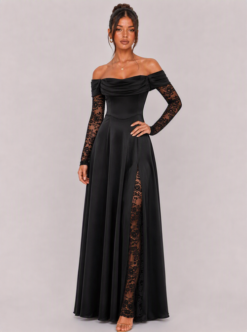 Zephrina Zelie lace sleeve slit maxi dress in black