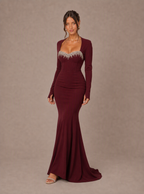 Zephrina Evangeline scalloped neckline knit maxi dress in burgundy