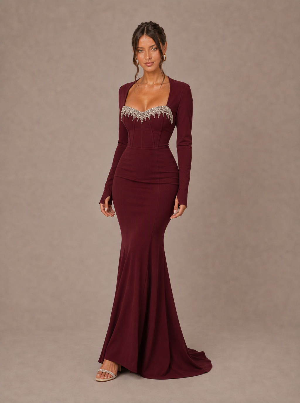 Zephrina Evangeline scalloped neckline knit maxi dress in burgundy