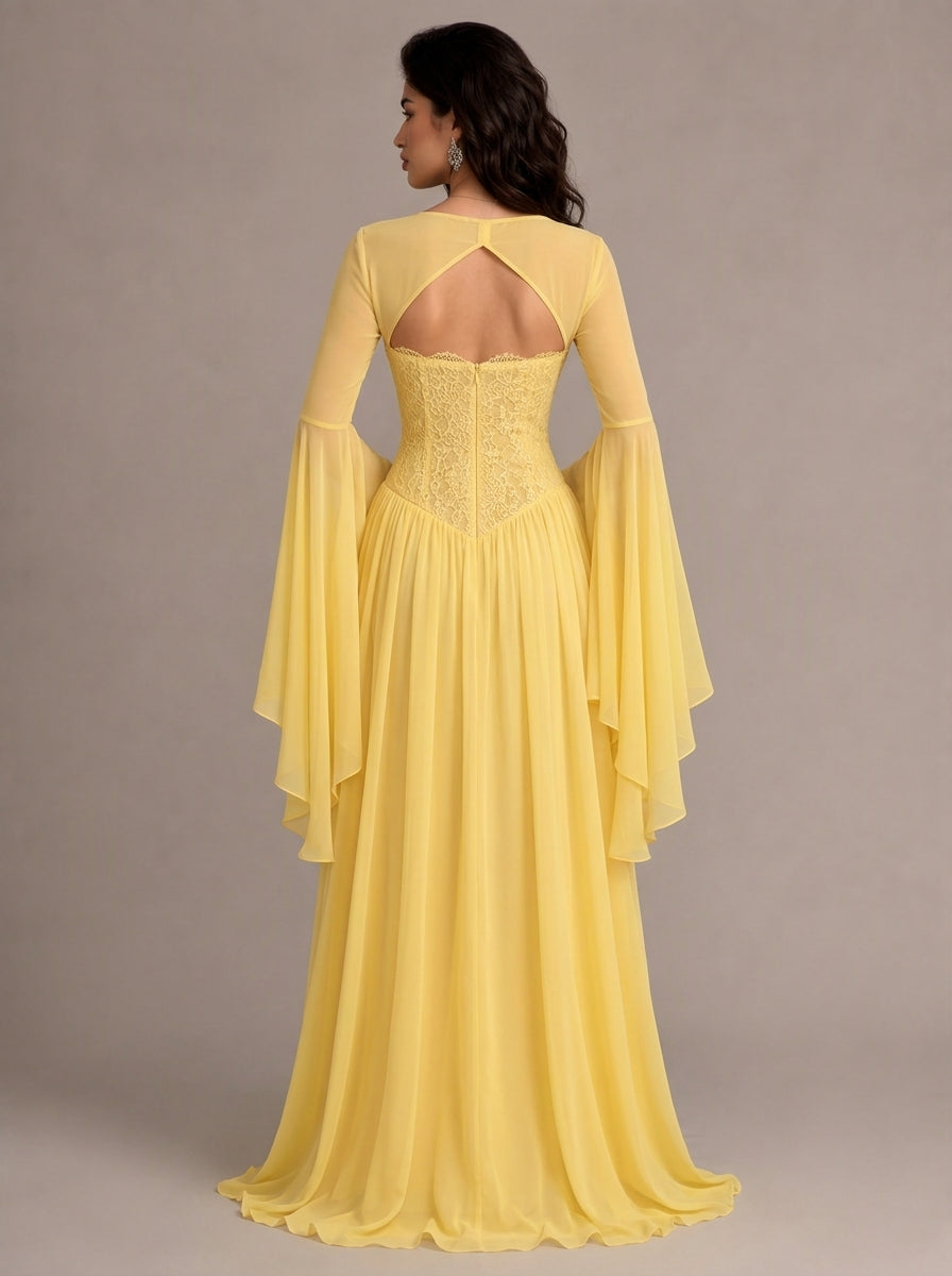 Zephrina Mireya chiffon lace maxi dress in yellow