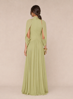 Zephrina Evadne cape-sleeve pleated maxi dress in matcha green