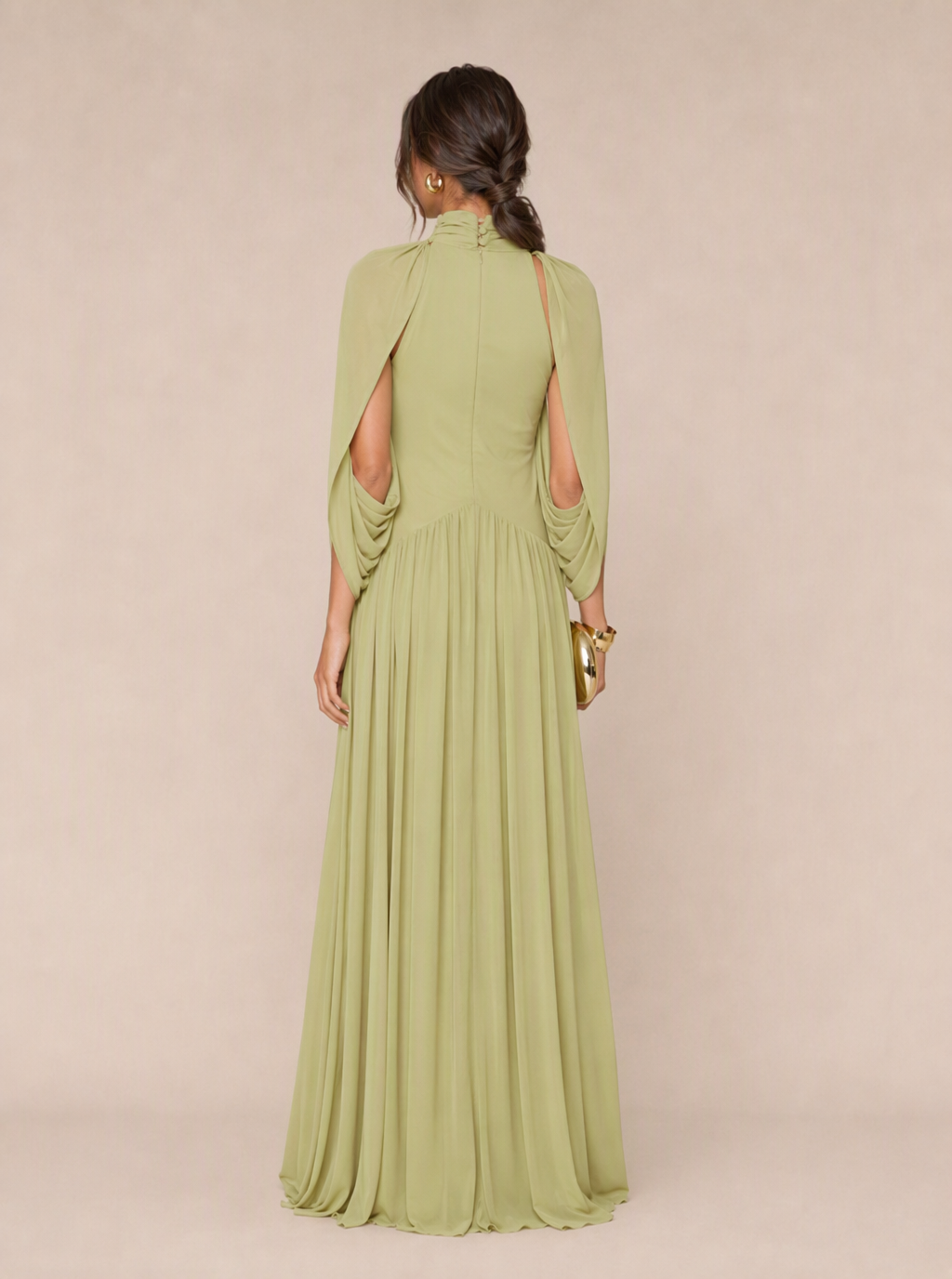 Zephrina Evadne cape-sleeve pleated maxi dress in matcha green