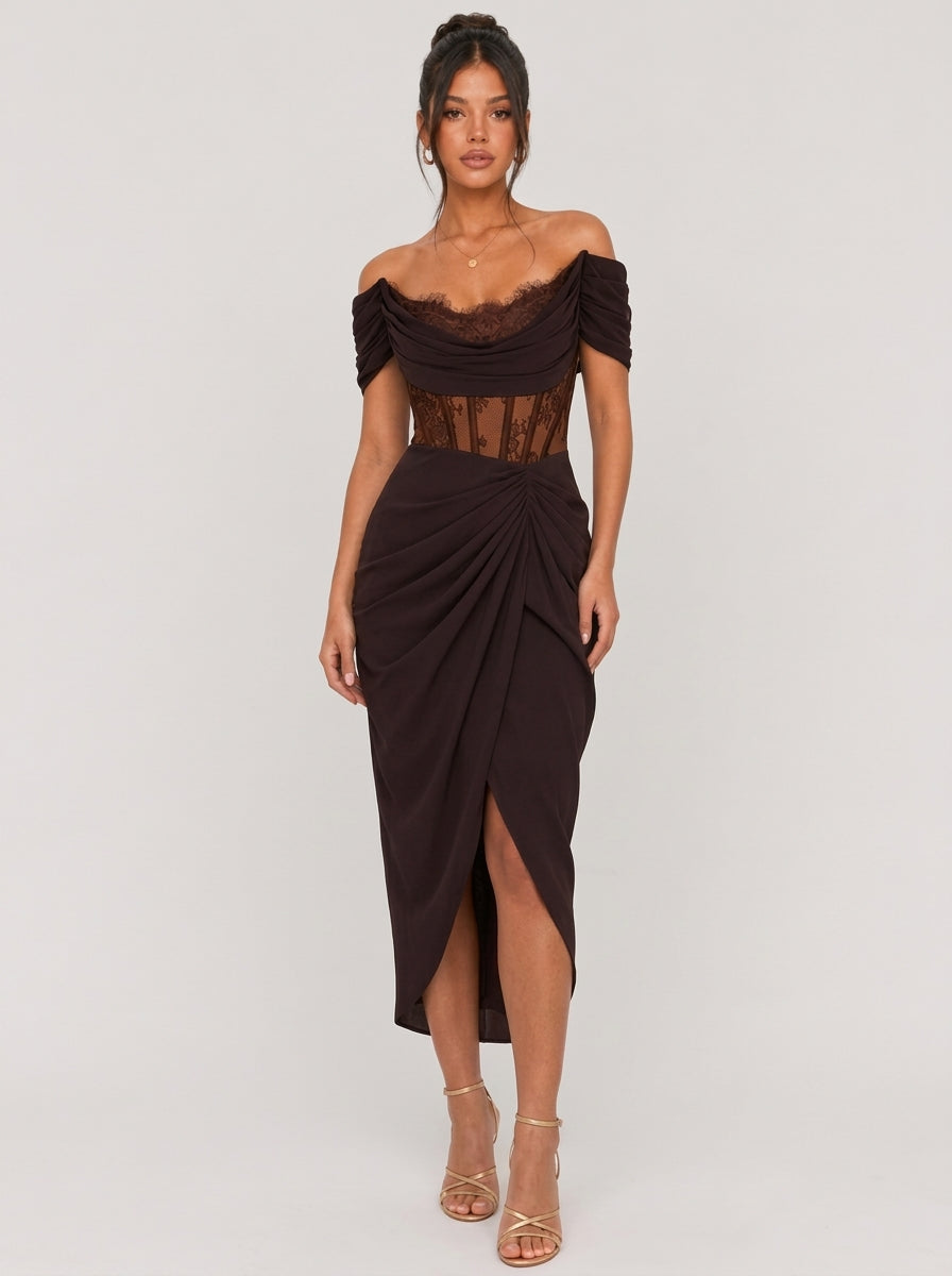 Zephrina Vienne lace drape midi dress in brown