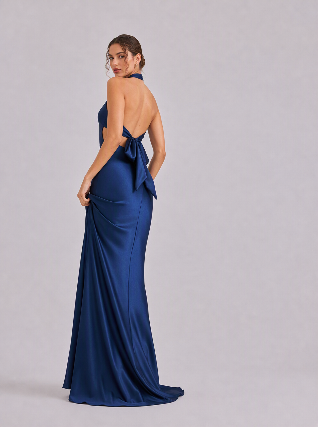Zephrina Amandine cross-halter satin maxi dress in navy
