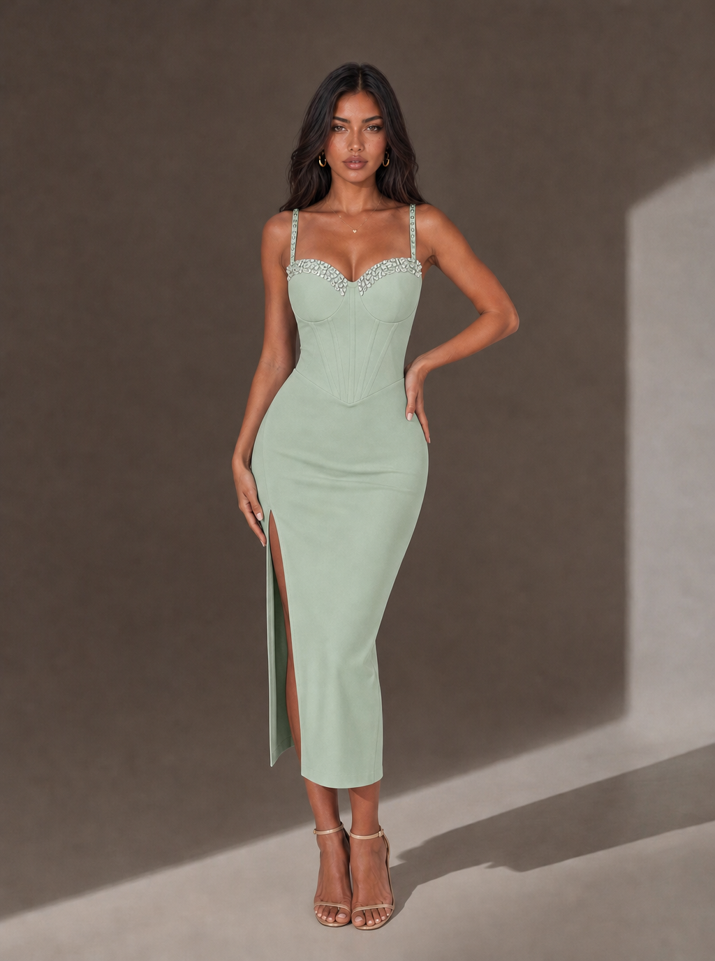 Zephrina Theophila sparkle-trim slit midi dress in black