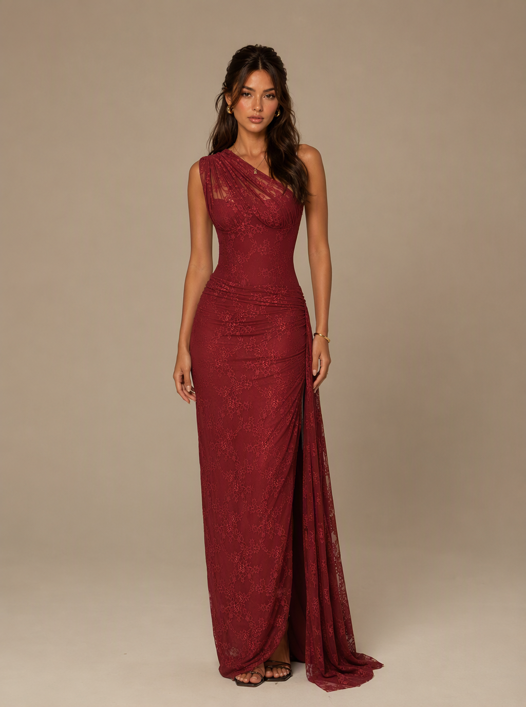 Zephrina Juliette one-shoulder embroidered lace maxi dress in burgundy
