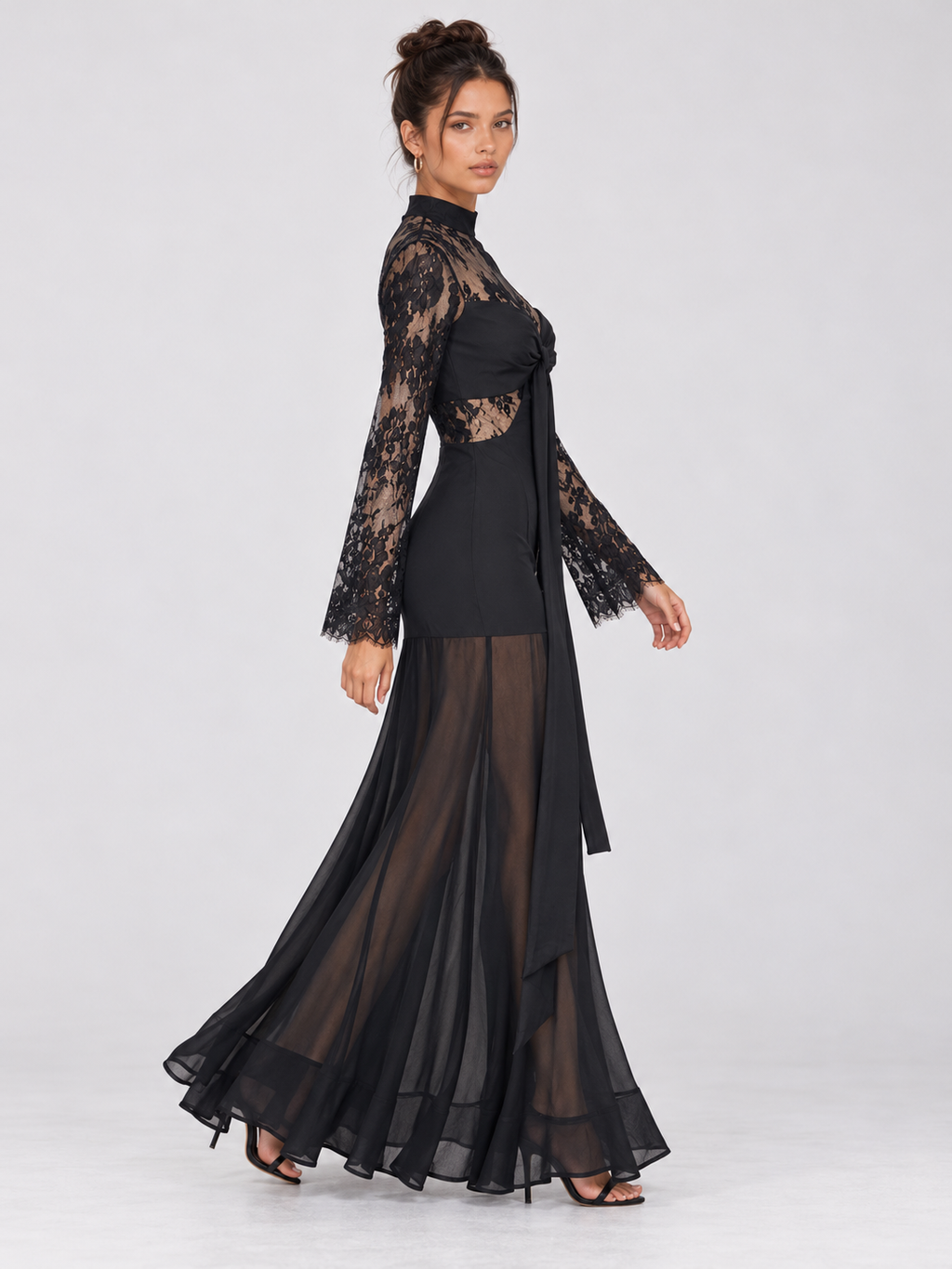 Zephrina Iseult lace-bodice sheer-overlay maxi dress in black
