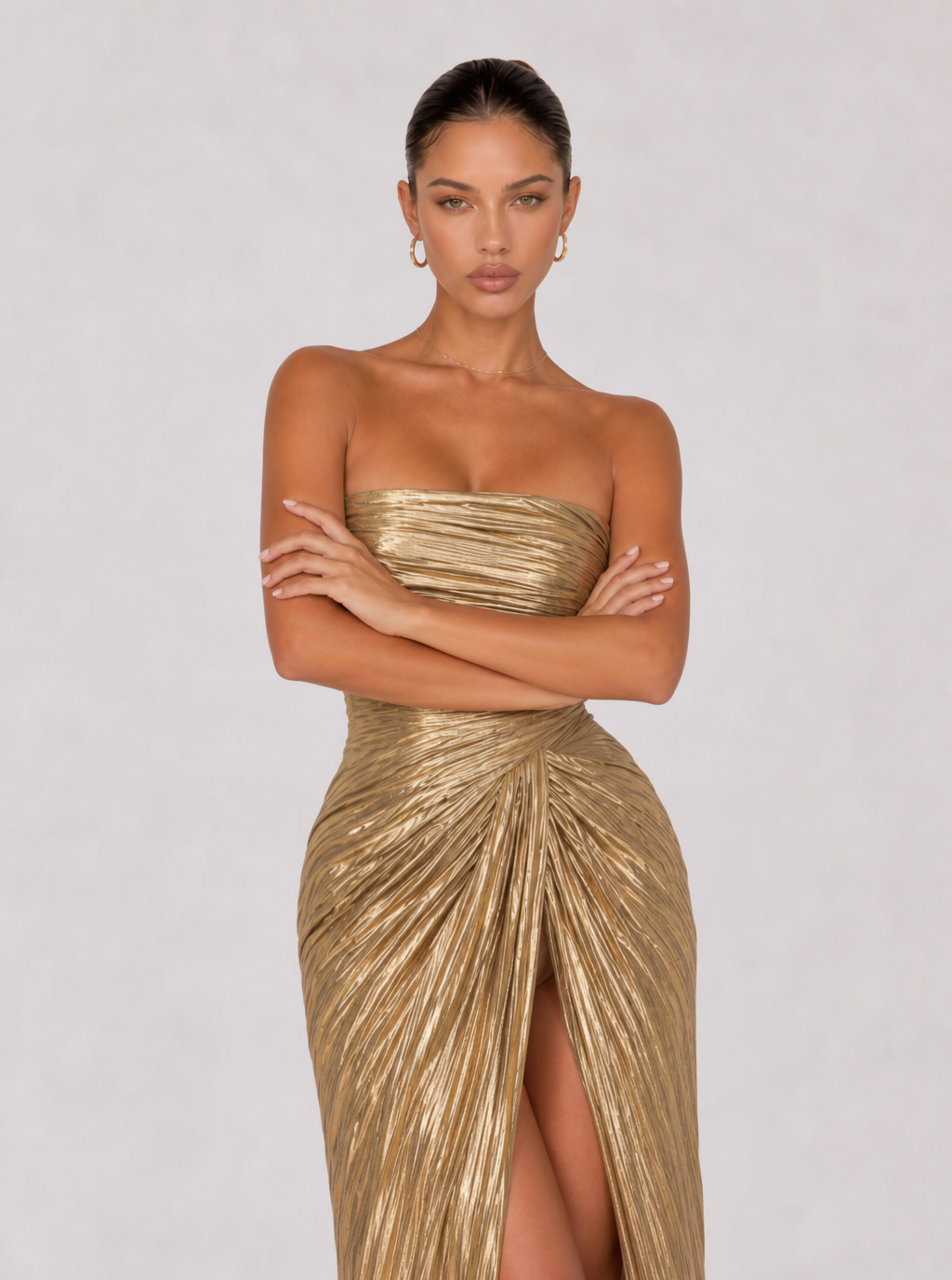 Zephrina Ulyssa pleated satin maxi dress in gold