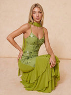 Zephrina Aurette sequin ruffle maxi dress in green