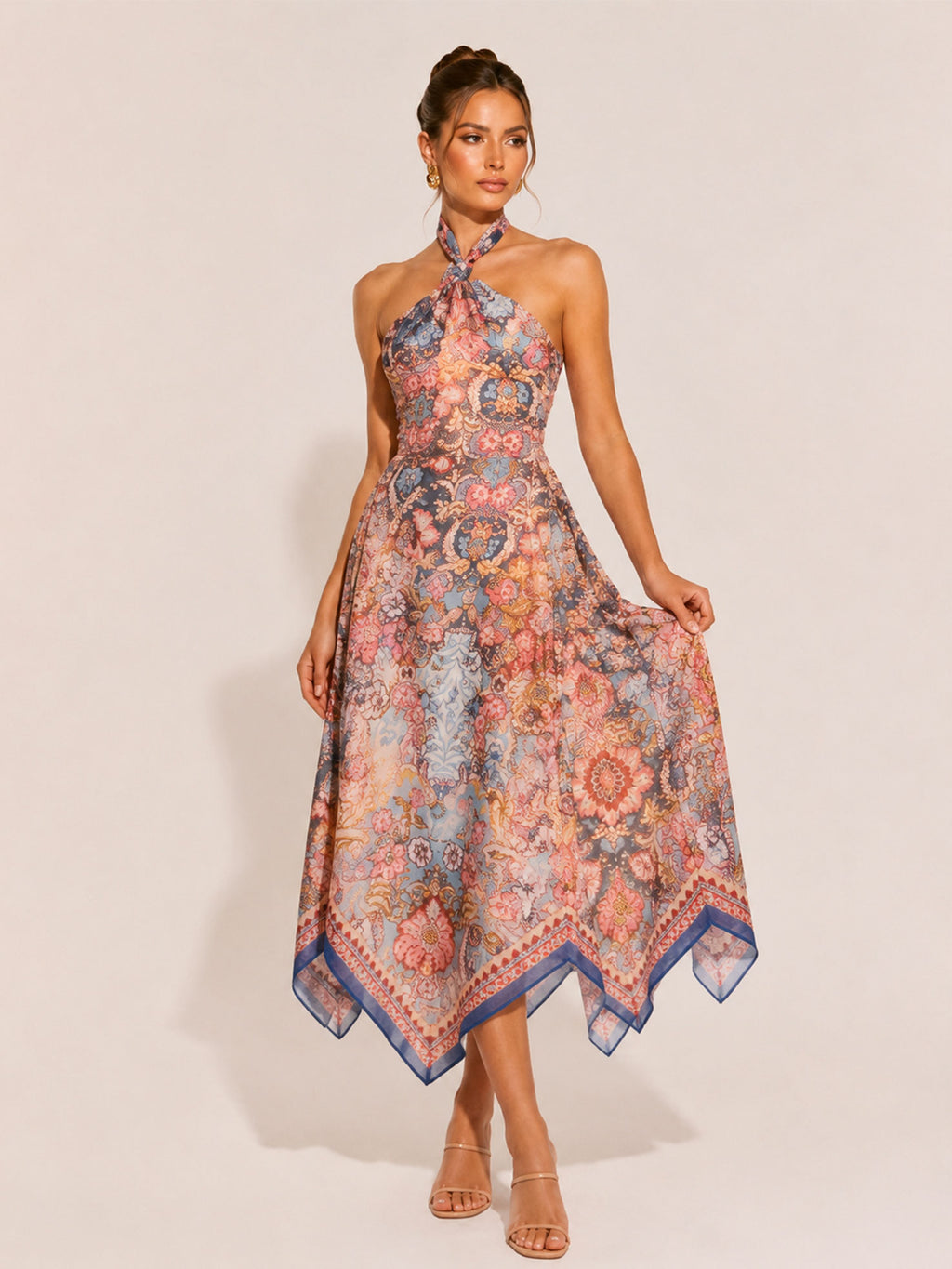 Zephrina Vintage Floral Halter Neck Midi Dress