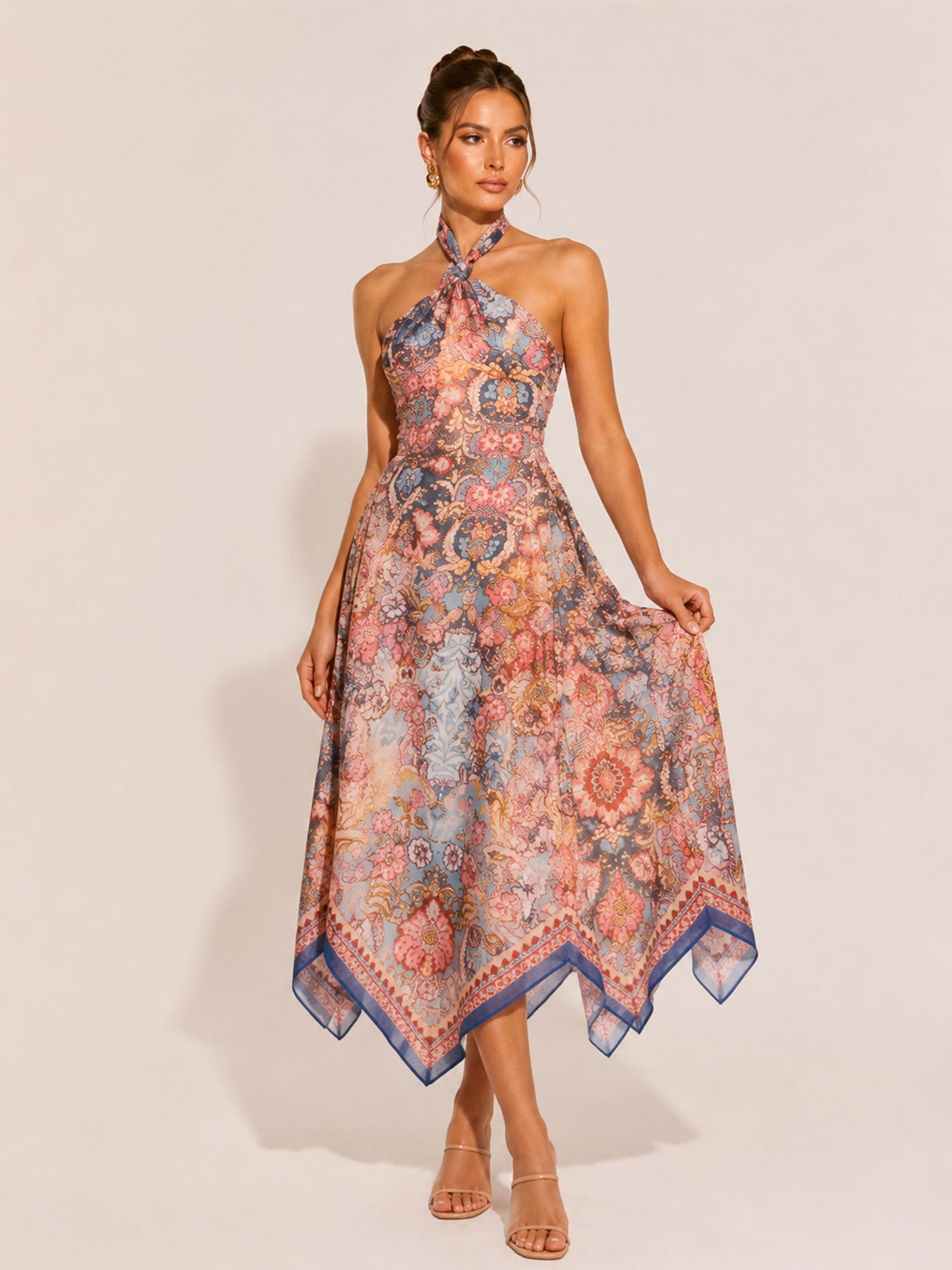 Zephrina Vintage Floral Halter Neck Midi Dress