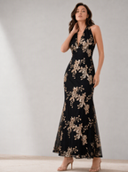 Zephrina Celestine sequin floral halter maxi dress in black with floral embellishment