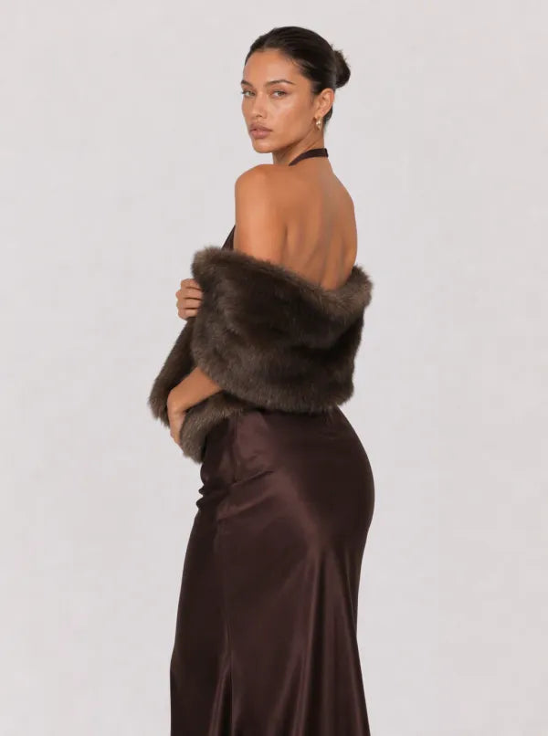 Zephrina Marietta draped faux-fur shawl in coffee