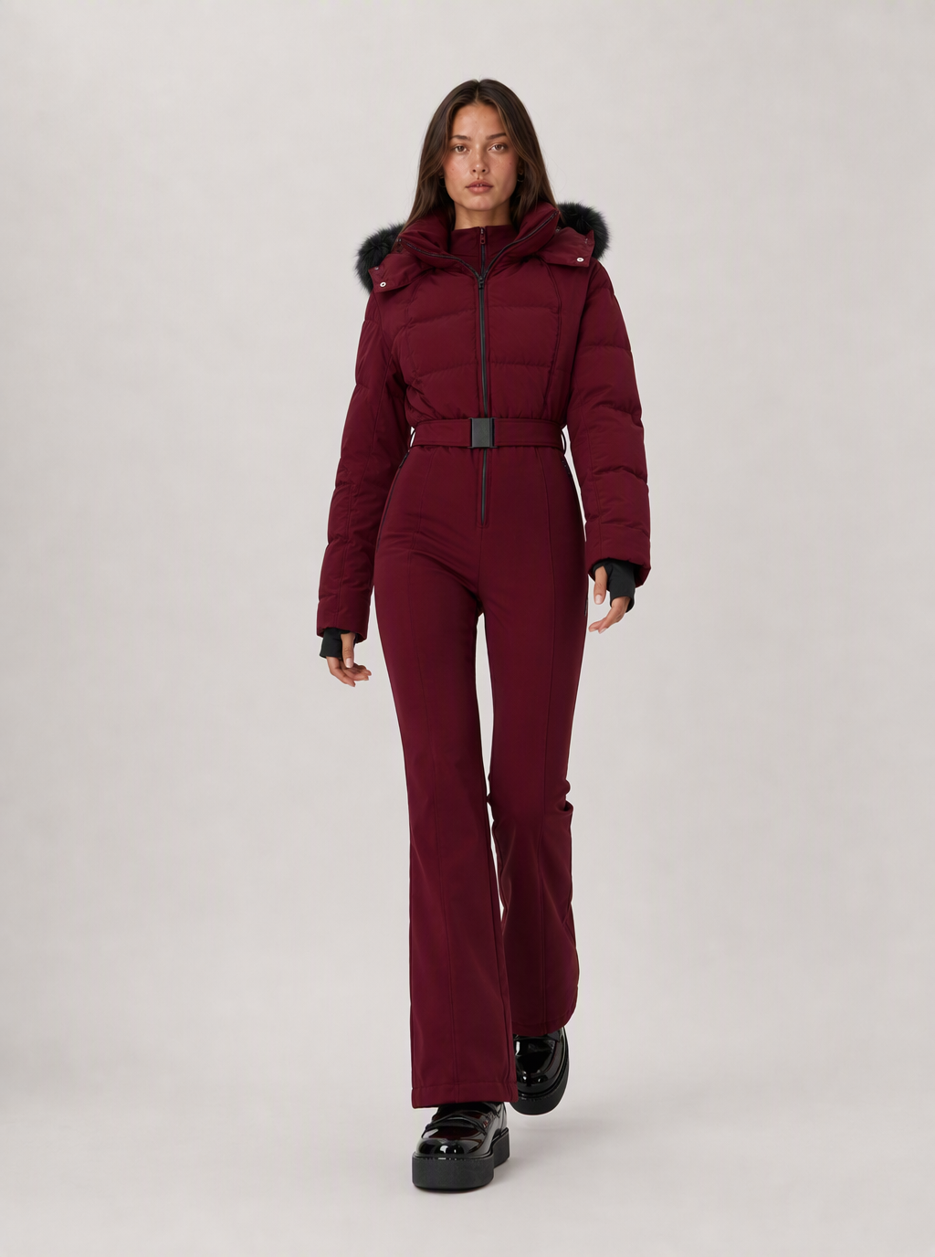 Zephrina Dagny hooded quilted one-piece ski suit in burgundy