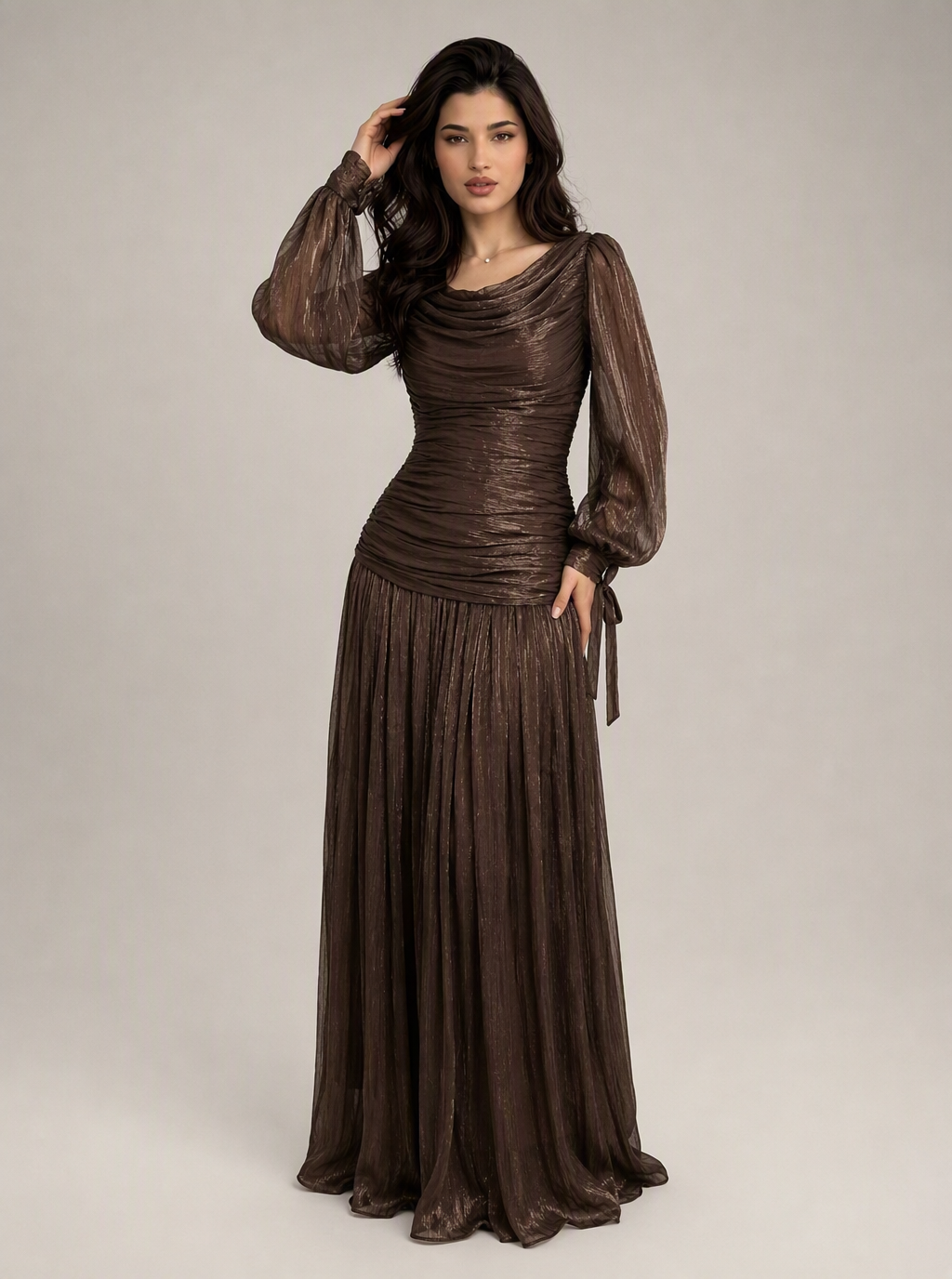 Zephrina Nerissa ruched sheer maxi dress in brown