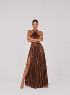 Zephrina Liselotte metallic pleated halter maxi dress in golden brown