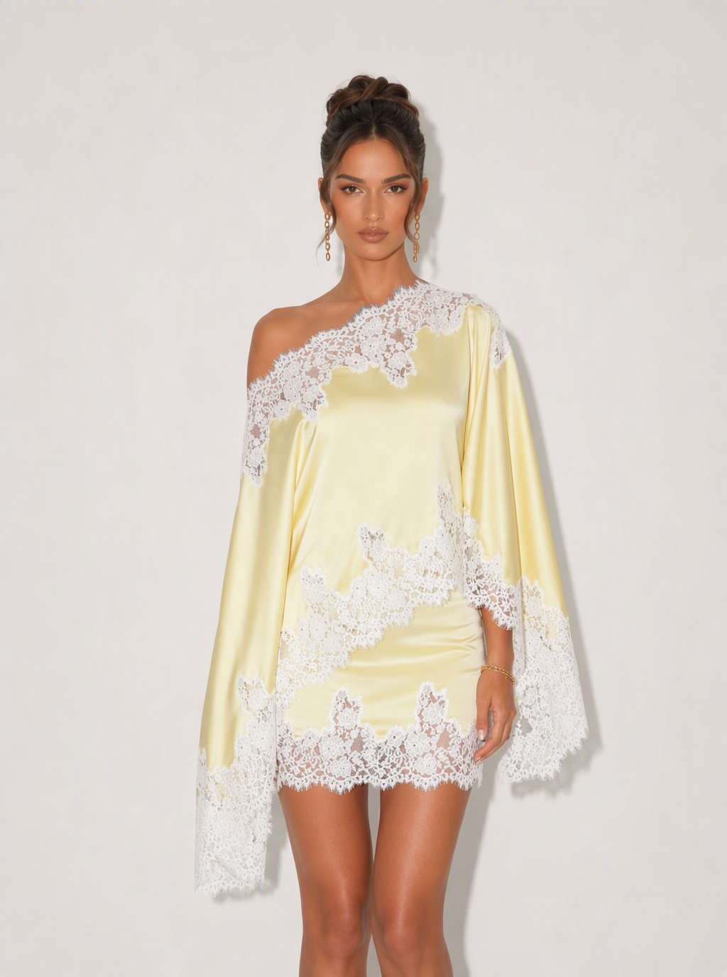 Zephrina Noeline lace-trim satin mini dress in yellow