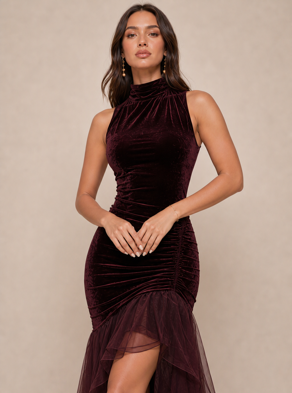 Zephrina Ghislaine velvet high-low maxi dress in burgundy