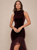 Zephrina Ghislaine velvet high-low maxi dress in burgundy
