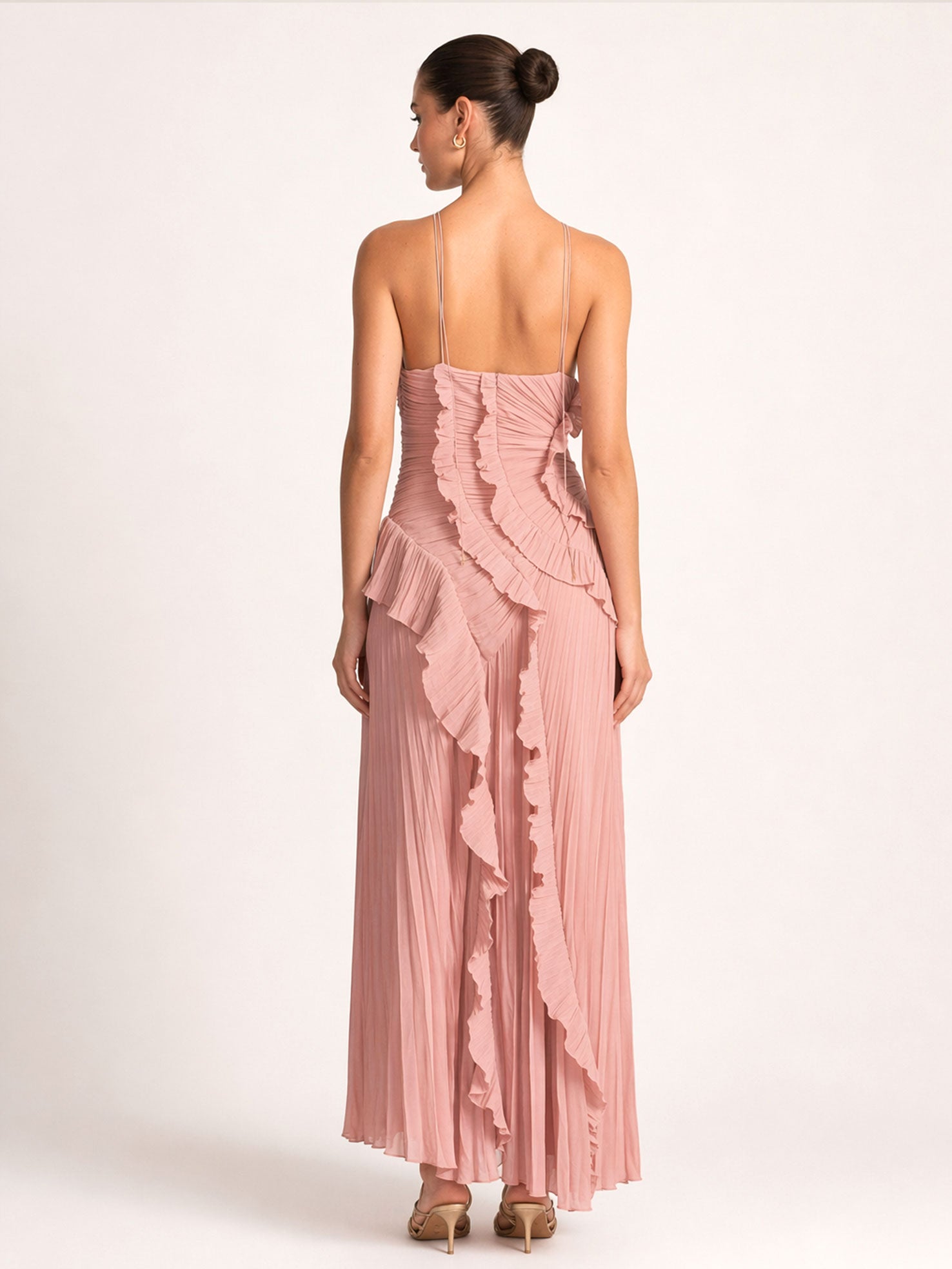 Pleated Halter  Ruffle Details Midi Dress