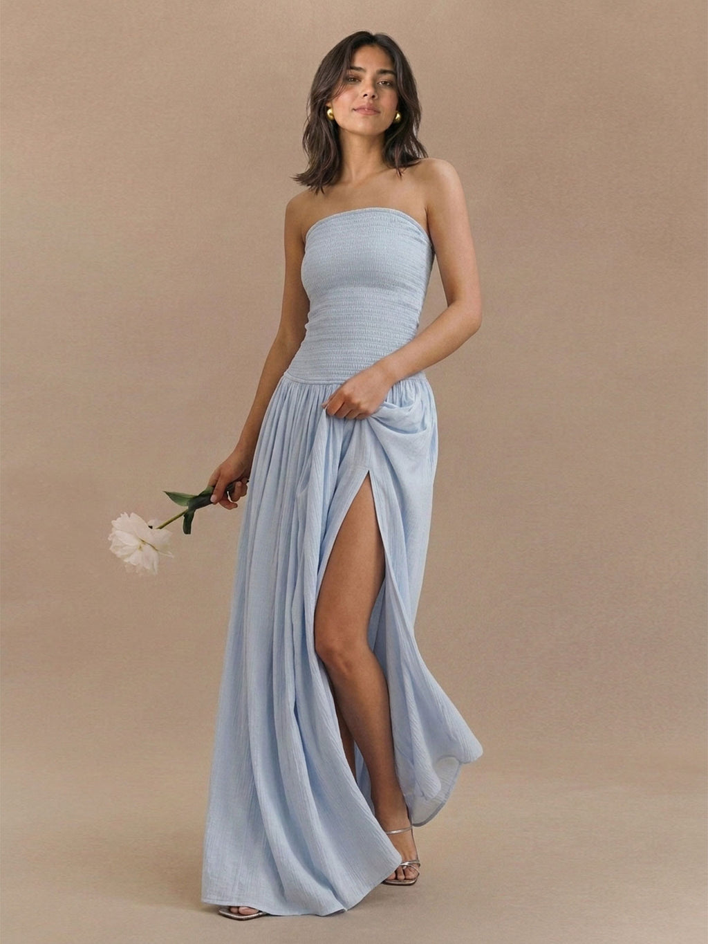 Strapless Smocked Drop-Waist Maxi Dress