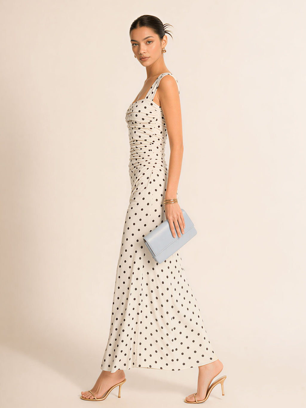 Polka Dot Sweetheart Neckline Midi Dress