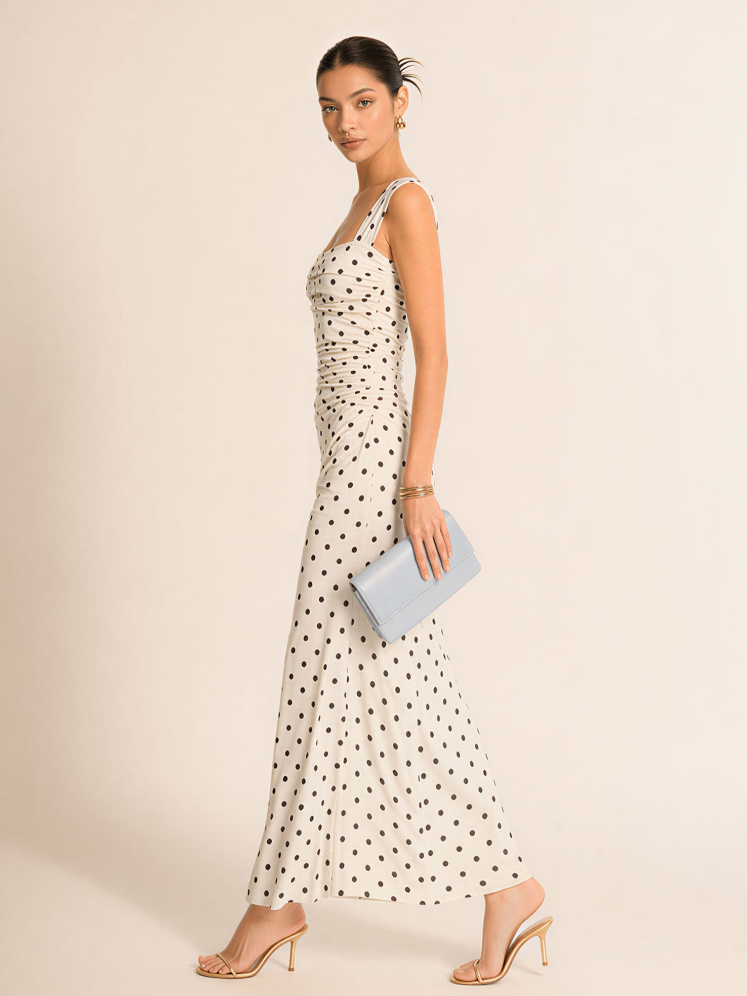 Polka Dot Sweetheart Neckline Midi Dress