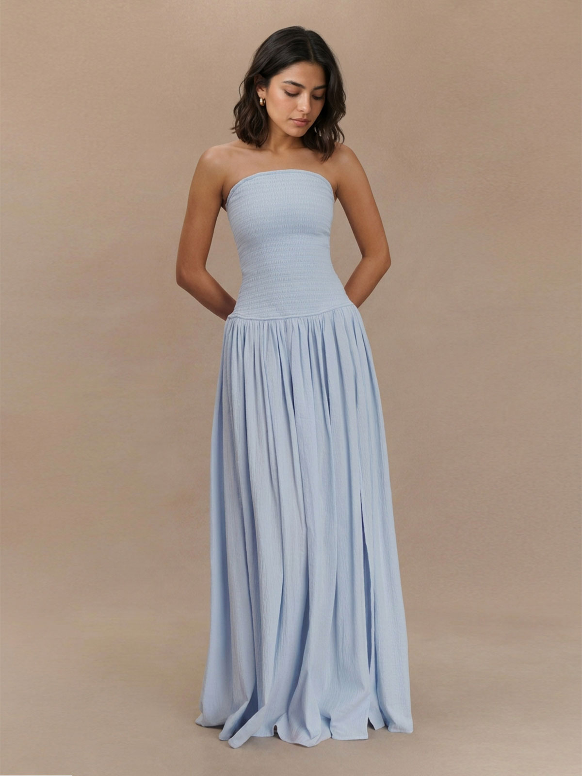 Strapless Smocked Drop-Waist Maxi Dress