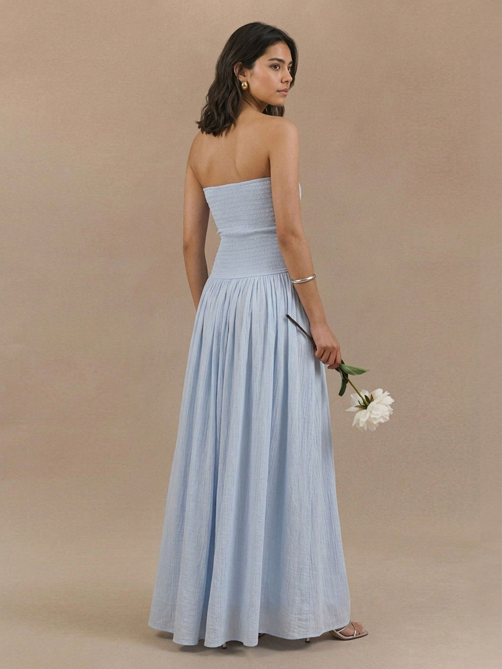 Strapless Smocked Drop-Waist Maxi Dress
