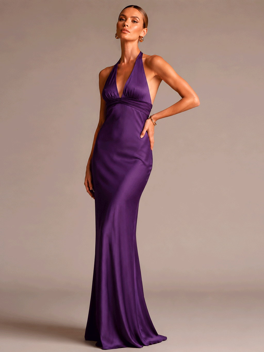 Deep V Neck Slim Satin Maxi Dress