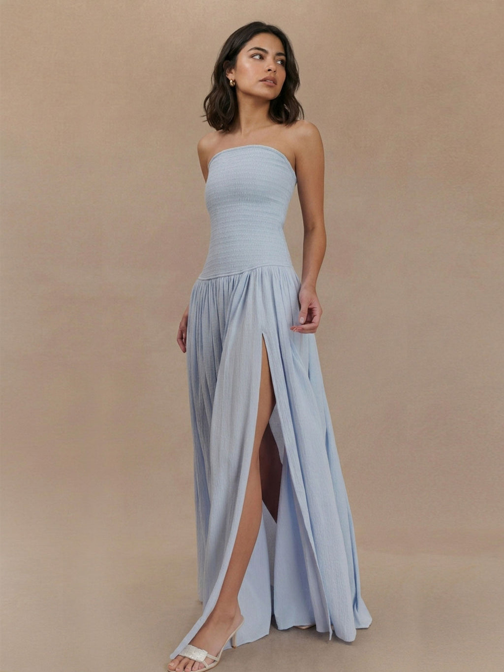 Strapless Smocked Drop-Waist Maxi Dress