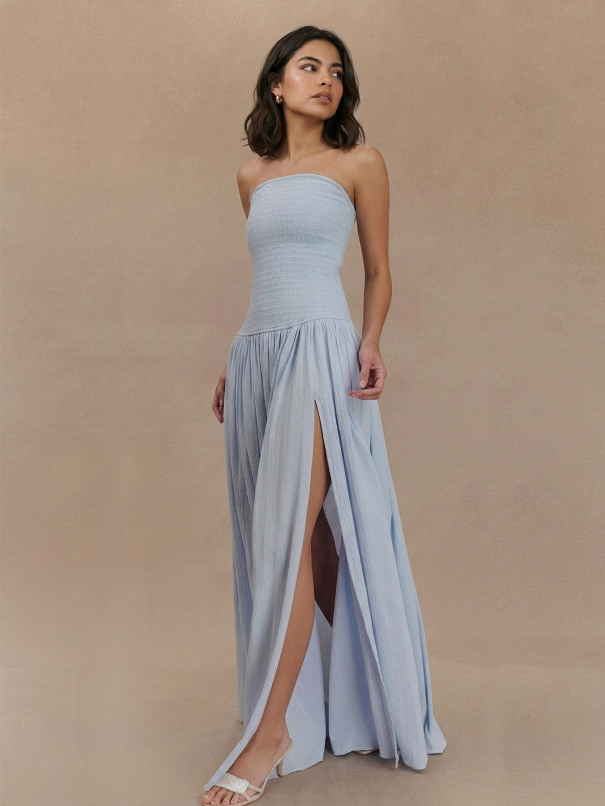 Strapless Smocked Drop-Waist Maxi Dress