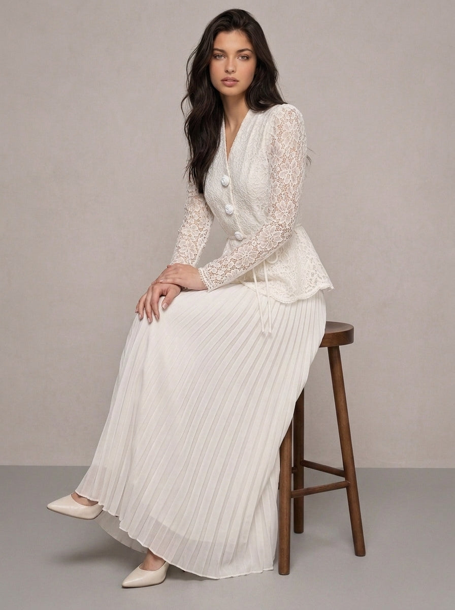 Adelina Pleated Lace Midi Dress