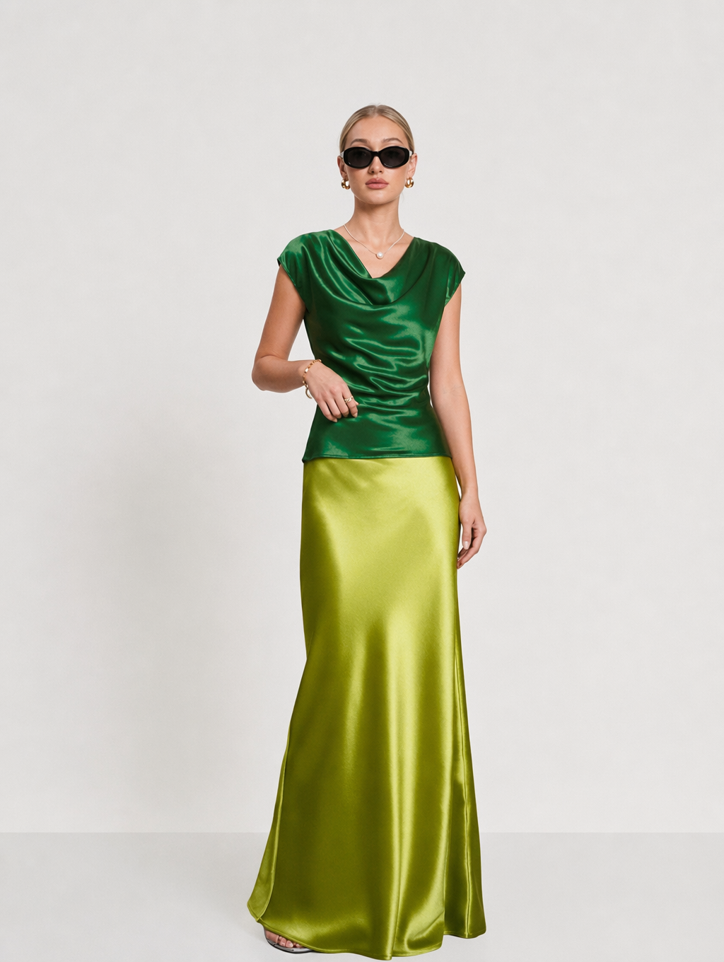 Elegant Acetate Satin Cowl Neck Top + Maxi Skirt Set