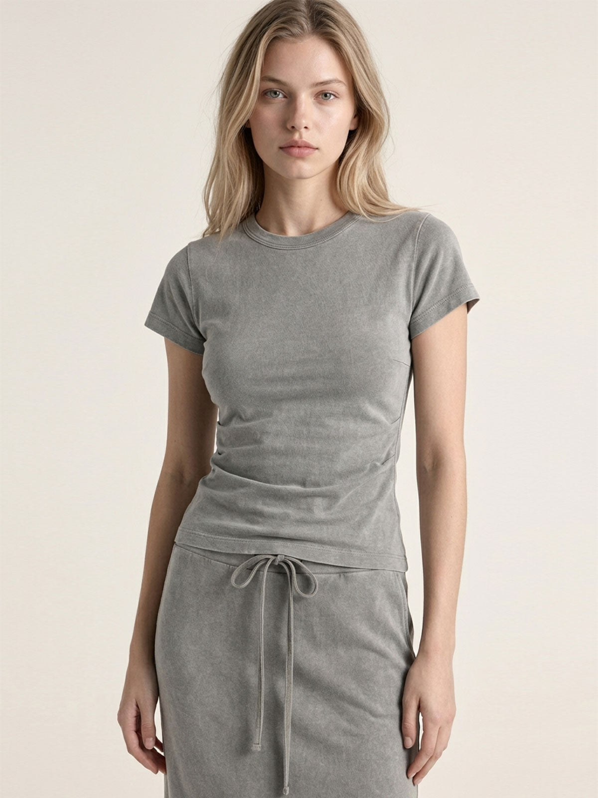 Washed Crewneck Tee & Drawstring Maxi Skirt Set