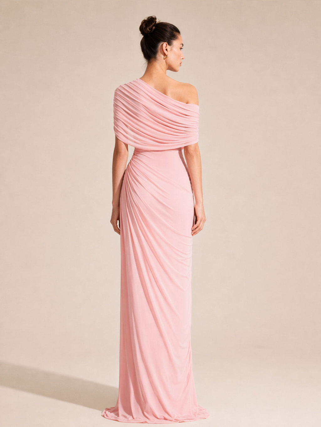Elegant Draped Shoulder Ruched Maxi Dress