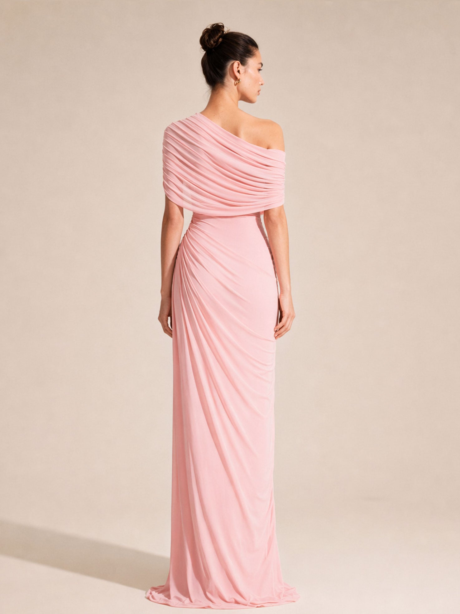 Elegant Draped Shoulder Ruched Maxi Dress