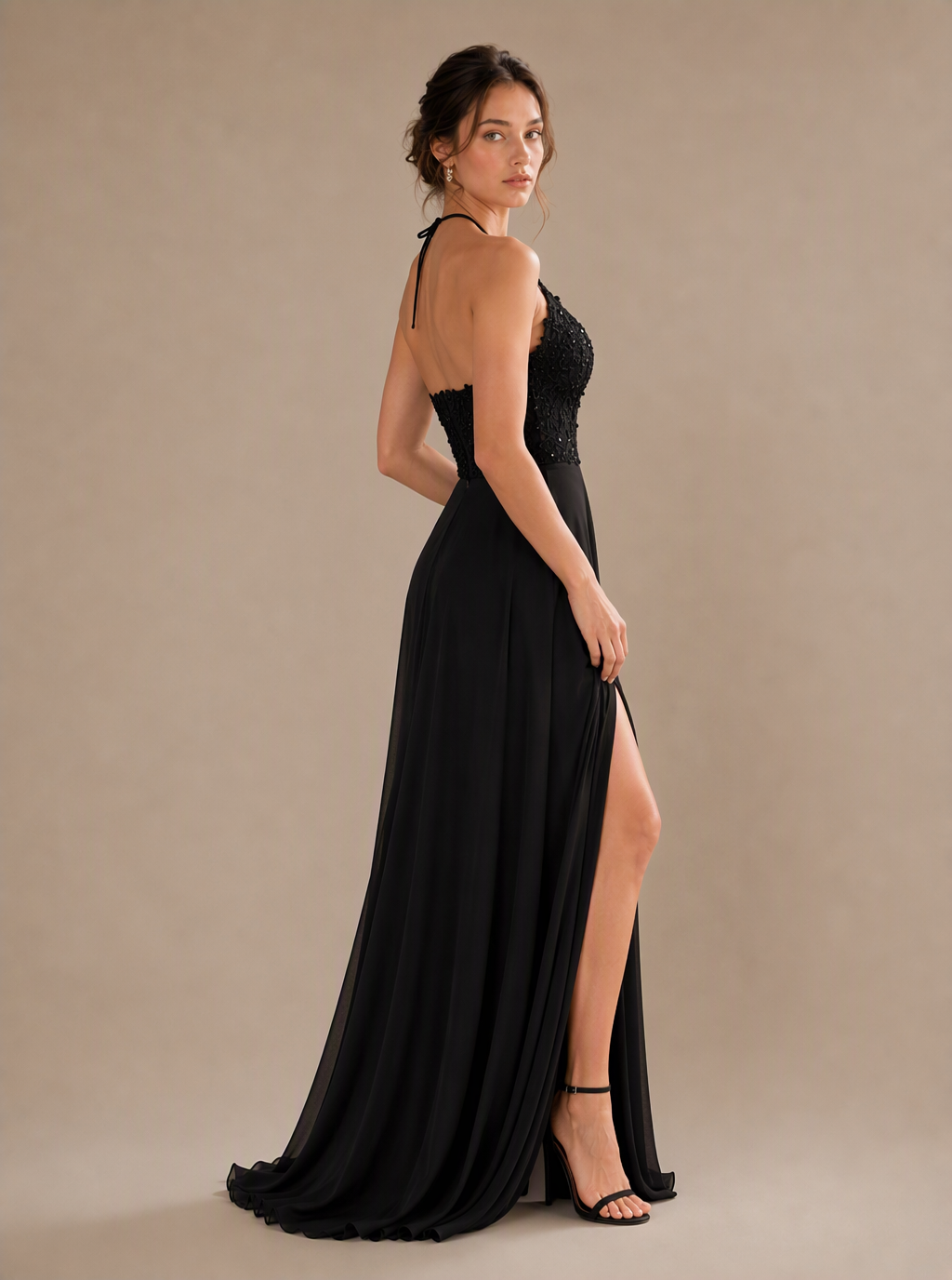 Anastasie Lace-Halter Chiffon Slit Maxi Dress